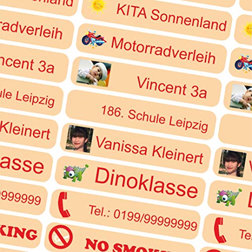 INDIGOS UG - Namensaufkleber Kinder Schule mit Foto - 36x7 mm - 10-150 Sticker - sand - personalisiert - selbstklebend - Etiketten für KITA, Sport, Sticker selbst gestalten von INDIGOS UG