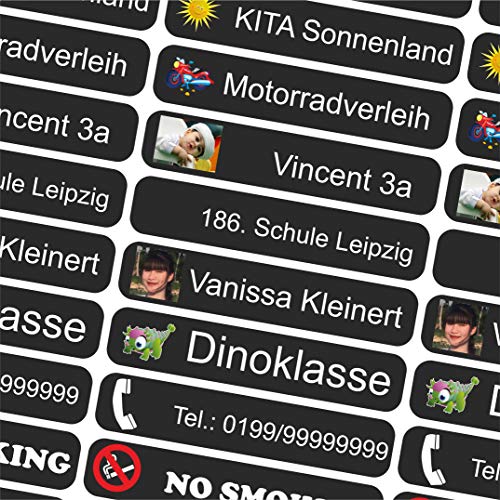 INDIGOS UG - Namensaufkleber Kinder Schule mit Foto - 36x7 mm - 10-150 Sticker - schwarz - personalisiert - selbstklebend - Etiketten für KITA, Sport, Sticker selbst gestalten von INDIGOS UG
