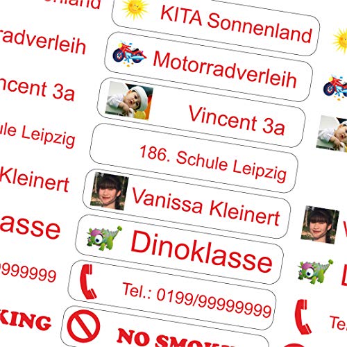 INDIGOS UG Namensaufkleber Kinder Schule mit Foto & Bild - 36x7 mm - 10-150 Sticker - Namensschilder selbstklebend - Aufkleber selbst gestalten - personalisiert - für Kindergarten, Sport - weiß von INDIGOS UG