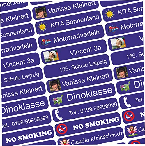 INDIGOS UG Namensaufkleber Kinder Schule mit Foto & Bild - 36x7 mm - 300 Sticker - Namensschilder selbstklebend - Aufkleber selbst gestalten - personalisiert - für Kindergarten, Sport - blau von INDIGOS UG