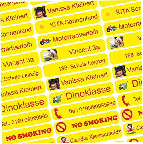 INDIGOS UG - Namensaufkleber Kinder Schule mit Foto - 36x7 mm - 300 Sticker - personalisiert - Etiketten selbst gestalten - für KITA, Vereinsbedarf,Sport, Kinder - selbstklebend - gelb von INDIGOS UG