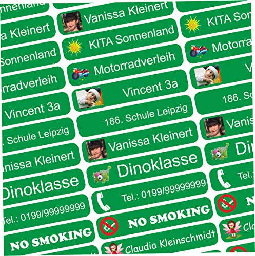 INDIGOS UG - Namensaufkleber Kinder Schule mit Foto - 36x7 mm - 300 Sticker - personalisiert - Etiketten selbst gestalten - für KITA, Vereinsbedarf,Sport, Kinder - selbstklebend - grün von INDIGOS UG