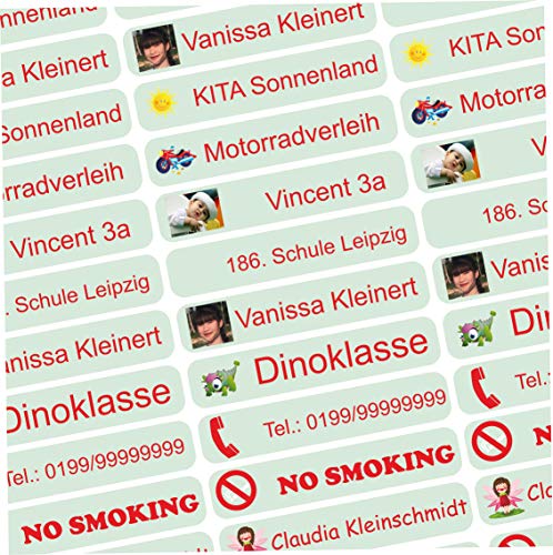 INDIGOS UG Namensaufkleber Kinder Schule mit Foto & Bild - 36x7 mm - 300 Sticker - Namensschilder selbstklebend - Aufkleber selbst gestalten - personalisiert - für Kindergarten, Sport - mint von INDIGOS UG
