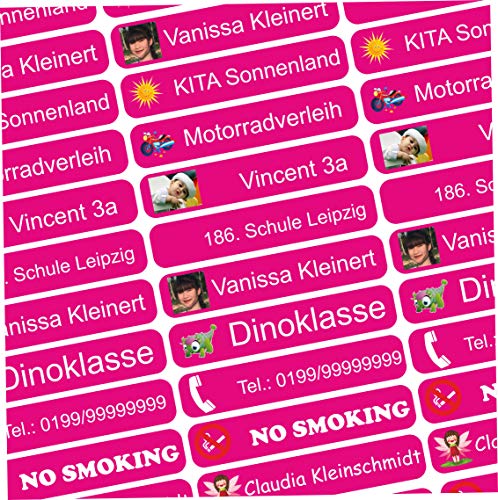 INDIGOS UG Namensaufkleber Kinder Schule mit Foto & Bild - 36x7 mm - 300 Sticker - Namensschilder selbstklebend - Aufkleber selbst gestalten - personalisiert - für Kindergarten, Sport - pink von INDIGOS UG