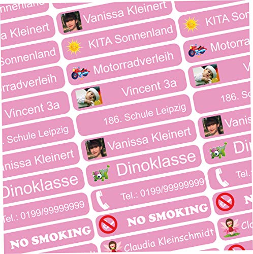 INDIGOS UG - Namensaufkleber Kinder Schule mit Foto - 36x7 mm - 300 Sticker - personalisiert - Etiketten selbst gestalten - für KITA, Vereinsbedarf,Sport, Kinder - selbstklebend - rosa von INDIGOS UG