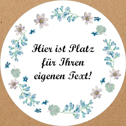 INDIGOS UG - Aufkleber Blumenmuster - bunt - blauer Blumenkranz - Wunschtext - 35 Stück - 40mm - individuell personalisiert - selbstklebende Etiketten Dekoration Verpackung von Geschenken von INDIGOS UG