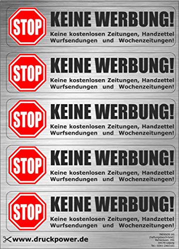 INDIGOS UG - Edelstahl-Optik - 25 Briefkastenaufkleber im hochwertigen Edelstahllook - Keine Werbung Aufkleber - einzeln ablösbar - für den Briefkasten - 73x17 mm pro Sticker - 5 Bogen mit 5 Stickern von INDIGOS UG