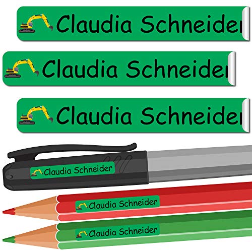 INDIGOS UG - Namensaufkleber Kinder Schule - 49x7 mm - personalisierbar - 004 - Bagger - 88 Sticker - Namensschilder personalisiert - Aufkleber selbst gestalten - Stifte, KITA, Federmappe von INDIGOS UG