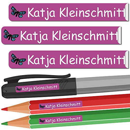 INDIGOS UG - Namensaufkleber Kinder Schule - 49x7 mm - personalisierbar - 047 - Schmetterling - 88 Sticker - Namensschilder personalisiert - Aufkleber selbst gestalten - Stifte, KITA, Federmappe von INDIGOS UG