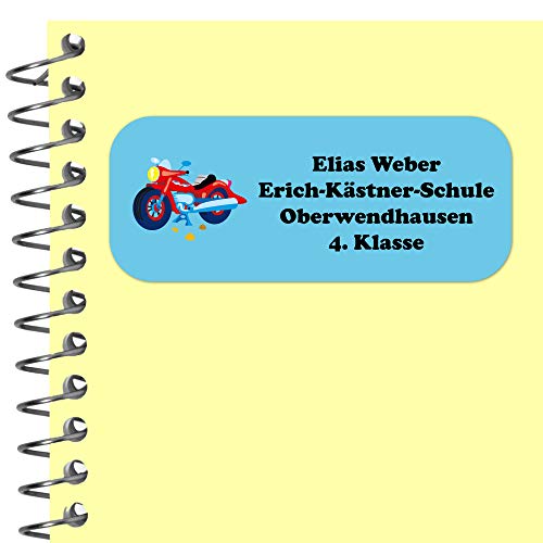 INDIGOS UG Namensaufkleber Kinder Schule - 56x23 mm - Adressetiketten selbstklebend - 022 - Motorrad - 33-99 Sticker Adressaufkleber personalisiert - Ordner, Bücher, Hefte, Briefumschläge INDIGOS UG Namensaufkleber Kinder Schule - 56x23 mm - Adressetiketten selbstklebend - 022 - Motorrad - 33-99 Sticker Adressaufkleber personalisiert - Ordner, Bücher, Hefte, Briefumschläge von INDIGOS UG