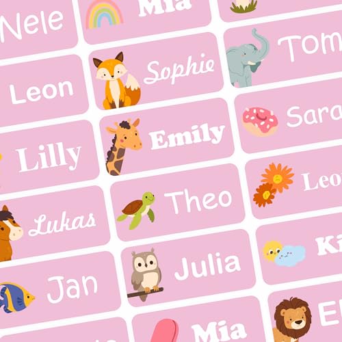 INDIGOS UG - Namensaufkleber Kinder Schule - Textilien & Gegenstände - 120 Sticker Farbe rosa - Namensschilder für Kleidung - personalisierte Aufkleber mit Wunschtext - waschmaschinenfest von INDIGOS UG