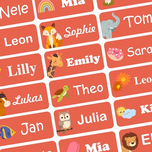 INDIGOS UG - Namensaufkleber Kinder Schule - Textilien & Gegenstände - 120 Sticker Farbe rot - Namensschilder für Kleidung - personalisierte Aufkleber mit Wunschtext - waschmaschinenfest von INDIGOS UG