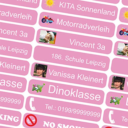 INDIGOS UG - Namensaufkleber Kinder Schule mit Foto - 36x7 mm - 10-150 Sticker - rosa - personalisiert - selbstklebend - Etiketten für KITA, Sport, Sticker selbst gestalten INDIGOS UG - Namensaufkleber Kinder Schule mit Foto - 36x7 mm - 10-150 Sticker - rosa - personalisiert - selbstklebend - Etiketten für KITA, Sport, Sticker selbst gestalten von INDIGOS UG