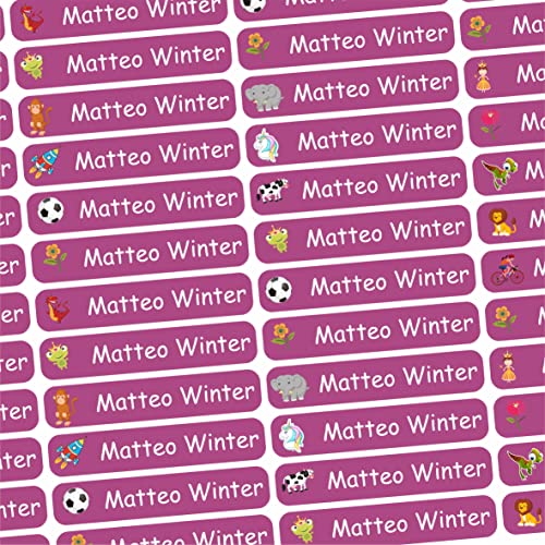 INDIGOS UG Namensaufkleber Sticker mit Motiv - 36x7 mm - 150 Stück für Kinder, Schule und Kindergarten - Stifte, Federmappe, Lineale, Spülmaschinenfest - lila - individuell - personalisiert von INDIGOS UG