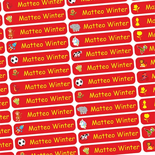 INDIGOS UG Namensaufkleber Sticker mit Motiv - 36x7 mm - 150 Stück für Kinder, Schule und Kindergarten - Stifte, Federmappe, Lineale, Spülmaschinenfest - rot - individuell - personalisiert von INDIGOS UG