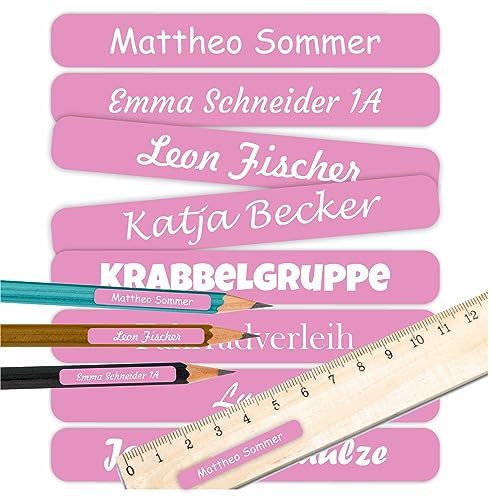 INDIGOS UG Namensaufkleber Kinder Schule 51x7mm - rosa - Namensschilder selbst gestalten mit Namen für Schulsachen - individuell personalisiert - wasserfest für die Spülmaschine - 150 Stück von INDIGOS UG