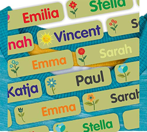 Indigos UG - Namensschilder für Kleidung zum aufbügeln - Bügeleisen - 35-105 Stück - 35x10mm - Blumen - mint - Namensaufkleber Kinder Kleidung - für Textilien - Aufkleber selbst gestalten von INDIGOS UG