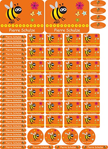 Namensaufkleber Kinder Schule Biene - 69 Sticker - A4-Bogen - Namensetiketten selbstklebend - Aufkleber selbst gestalten - Kindergarten, KITA, Brotdose, Bücher, Federmappe, personalisiert von INDIGOS UG