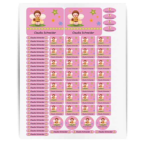 Namensaufkleber Kinder Schule Biene - 69 Sticker - A4-Bogen - Namensetiketten selbstklebend - Aufkleber selbst gestalten - Kindergarten, KITA, Brotdose, Bücher, Federmappe, personalisiert von INDIGOS UG