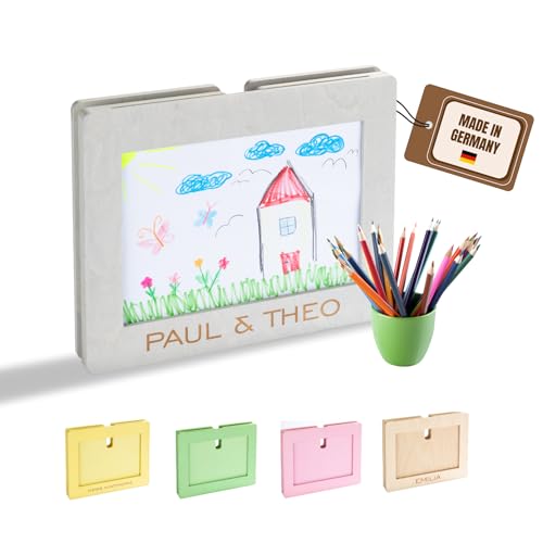 INEXTERIOR KiKu – PERSONALISIERBAR - Bilderrahmen mit Stauraum für 100 Kinderzeichnungen A4 – Rahmen aus Holz für Kinderbilder (Grau, mit Personalisierung) von INEXTERIOR