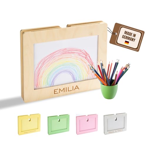 INEXTERIOR KiKu – PERSONALISIERBAR - Bilderrahmen mit Stauraum für 100 Kinderzeichnungen A4 – Rahmen aus Holz für Kinderbilder (Natur, mit Personalisierung) von INEXTERIOR