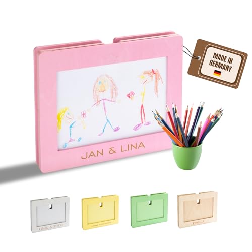 INEXTERIOR KiKu – PERSONALISIERBAR - Bilderrahmen mit Stauraum für 100 Kinderzeichnungen A4 – Rahmen aus Holz für Kinderbilder (Rosa, mit Personalisierung) von INEXTERIOR