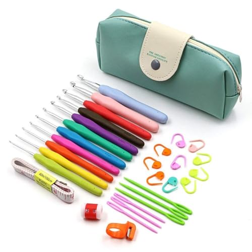 INF Häkelnadel Set 11 Stück Bunte Ergonomische Soft Gummi Comfort Grip Häkeln Stricken Nadeln Kit Haushalt Werkzeug mit tragbaren Tasche, Häkelnadeln, Maschenmarkierern und Maßband von INF