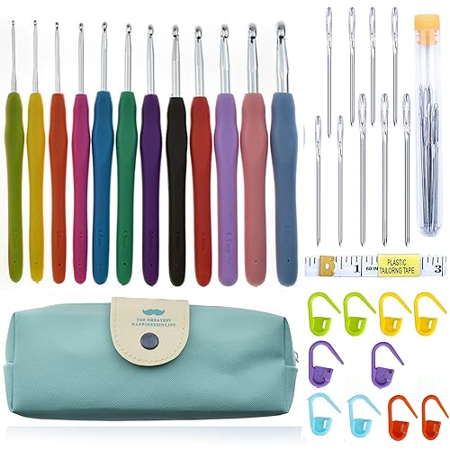 Häkelnadel Set 12 Stück Bunte Ergonomische Soft Gummi Comfort Grip Häkeln Stricken Nadeln Kit Haushalt Werkzeug mit tragbaren Tasche, Häkelnadeln, Maschenmarkierern und Maßband von INF