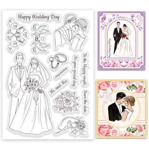 INFUNLY „Happy Wedding Day“, Klarer Stempel „Braut Und Bräutigam“, Wiederverwendbar, Transparente Stempel, Brautstrauß, Silikonstempel, Hochzeitssegen, Text, Gummistempel Für Kartengestaltung, Einladu von INFUNLY