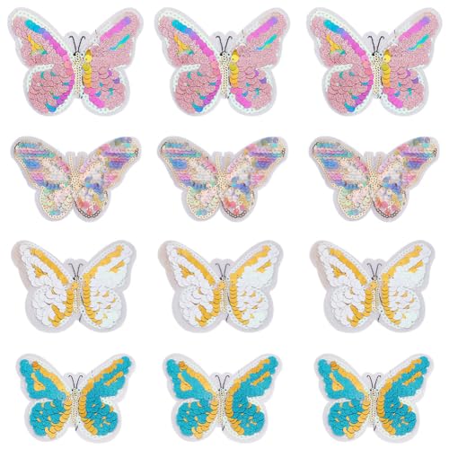 INFUNLY 12 Stück Pailletten-Schmetterlings-Aufnäher Zum Aufnähen, Bunte Schmetterlings-Aufnäher, Cartoon-Insekten-Applikation, Zum Aufbügeln, Rosa, Blauer Schmetterling, Stickerei-Aufnäher, Abzeichen von INFUNLY