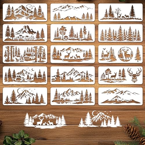 INFUNLY 15 Stück Wald Berg Malerei Schablonen für Wand 11,9 x 29,8 cm Wiederverwendbare Hirsch Wandschablonen Kiefer Malerei Vorlage kleine Wände Schablonen Vorlagen für Handwerk Zement Holz Möbel von INFUNLY