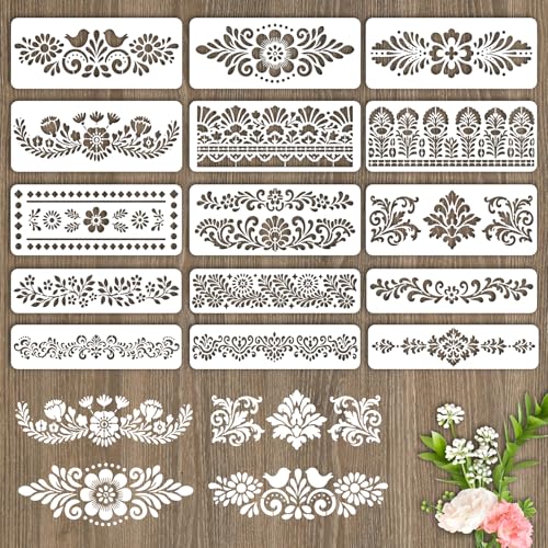 INFUNLY 15 x Schablonen mit floralem Spitzenmalerei für Wand, wiederverwendbare Wandschablonen, mexikanische Kunst, Blumen, Wände, Vorlage zum Bemalen von Eckbordüren, Vorlagen für Bastelarbeiten INFUNLY 15 x Schablonen mit floralem Spitzenmalerei für Wand, wiederverwendbare Wandschablonen, mexikanische Kunst, Blumen, Wände, Vorlage zum Bemalen von Eckbordüren, Vorlagen für Bastelarbeiten von INFUNLY