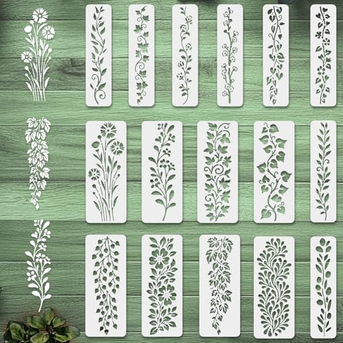 INFUNLY 16 Stück Blatt-Reben-Malschablonen für Wand, wiederverwendbare Wandschablonen zum Bemalen von Blumen, dekorative Wände, Schablone für kleine Vintage-Wandmalerei-Schablonen für Ziegelholz von INFUNLY