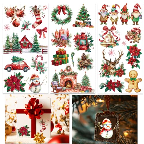 INFUNLY 3 Bogen Abziehbilder Mit Weihnachtsmotiv Zum Aufrubbeln Für Bastelmöbel 6x12" Abziehbilder Mit Weihnachtsmann Und Elchmotiv Abziehbilder Mit Schneemannmotiv Für Möbel Wasserfeste Fensteraufkl von INFUNLY