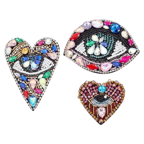 INFUNLY 3 Stück Evil Eyes Herz-Perlen-Patches Mit Strass-Applikationen, Perlen-Herz-Applikation Zum Aufnähen, Bunter Stickerei-Patch Für Kleidung, Jeans, Jacken, Handtaschen, Schuhe, DIY-Dekor von INFUNLY