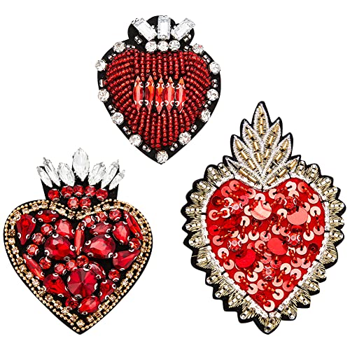 INFUNLY 3 Stück Herz-Strass-Perlen-Patch Rote Kristalle Zum Aufnähen DIY Dekorative Flicken Handgefertigte Bling-Applikationen Für Kleid Kleidung Jeans Jacken Handtasche von INFUNLY