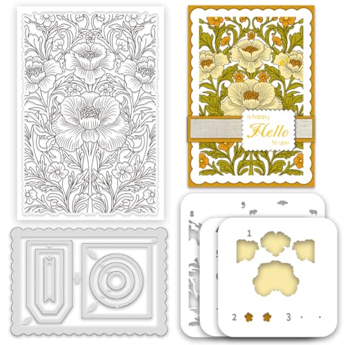 INFUNLY 3 Stück Transparente Stempel Und Stanzformen Set Mit Blumenmuster Für Die Kartengestaltung Rechteckiger Metallrahmen Stanzungen DIY Blumen Malschablonen Blumen Gummistempel Für Scrapbooking Ba von INFUNLY