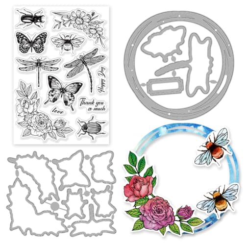 INFUNLY 3-Teiliges Schmetterlings-Stempel- Und Stanzformen-Set Libelle Biene Transparenter Silikon-Stempelrahmen Stanzformen Blumenkäfer Transparente Stempel Und Stanzformen Prägeschablone Für Karten von INFUNLY