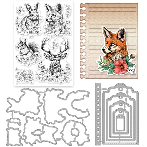 INFUNLY 3-teiliges Stanzschablonen-Set mit Tiermotiven und transparenten Stempeln, wiederverwendbar, Fuchs, Eichhörnchen, Silikon-Stempel, Rahmen, gestanzt, Elch, Gummistempel und Stanzform für von INFUNLY