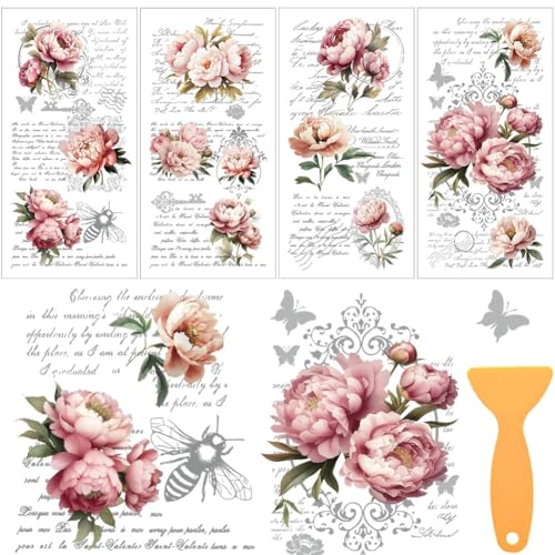 INFUNLY 4 Blatt Vintage-Blumen-Aufkleber zum Reiben auf Transfers, 15 x 30 cm, rosa Blumenmöbel, zum Basteln, Pfingstrosen, Blumen, Reiben, Transferaufkleber, Aufkleber, wasserdicht, für Holz, Glas von INFUNLY