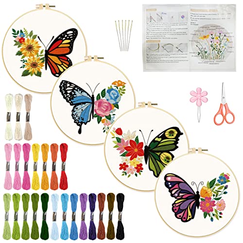 INFUNLY 4 Sets Schmetterlings-Stick-Starter-Set Für Anfänger Blumen-Gestempelte Kreuzstich-Sets Mit Anleitung Für Anfänger Und Erwachsene Inklusive Stickrahmen-Fäden Und Nadeln von INFUNLY