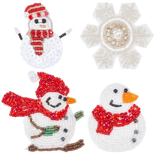 INFUNLY 4 Stück/Set Schneemann-Perlen-Patches zum Aufnähen auf Schneeflocke, funkelnd, bestickter Aufnäher, Weihnachten, Winterthema, Strass-Aufnäher, Kristall-Applikation für Kleidung, Taschen von INFUNLY