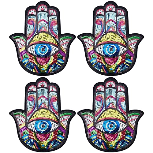 INFUNLY 4 Stück Hand Evil Eye Pailletten-Patches Zum Aufbügeln Für Kleidung, Bunt, Große Applikation, Stickerei-Patch Für DIY Nähen, Jeans, Handtaschen, Jacken, Rucksäcke, Hüte von INFUNLY