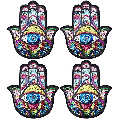 INFUNLY 4 Stück Hand Evil Eye Pailletten-Patches Zum Aufbügeln Für Kleidung, Bunt, Große Applikation, Stickerei-Patch Für DIY Nähen, Jeans, Handtaschen, Jacken, Rucksäcke, Hüte von INFUNLY