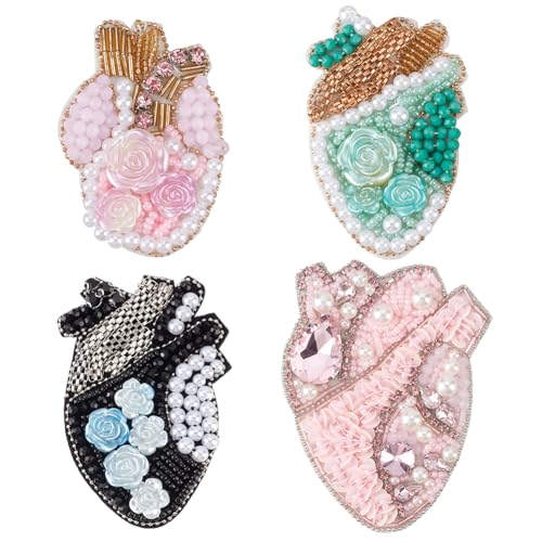 INFUNLY 4 Stück Herz-Aufnäher für Kleidung, Rose, Strass-Aufnäher mit Perlen, Kristall, zum Aufnähen, handgefertigte Herz-Stickerei-Applikationen für Kleid, Hüte, Jacken, Taschen, Nähen, Kleidung, DIY von INFUNLY