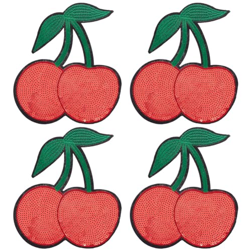 INFUNLY 4 Stück Kirsch-Pailletten-Patches, Große Rote Kirschen, Zum Aufbügeln, 7.9x9,{1} cm, Applikationen Mit Fruchtmuster Für Kleidung, Glänzende Kirsch-Stoffflicken, Bestickte Kirsch-Patchwork-Appl von INFUNLY