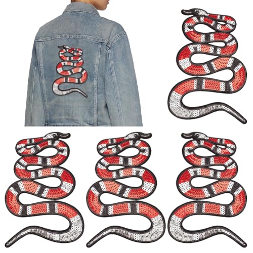 INFUNLY 4 Stück Schlangen-Pailletten-Aufnäher Zum Aufbügeln, Große Tier-Pailletten-Applikationen, 2 Stile, Bestickte Aufnäher, Stoffflicken Für Kleidung, Jeans, Jacken, Handtaschen, Schuhe, DIY-Flicke von INFUNLY