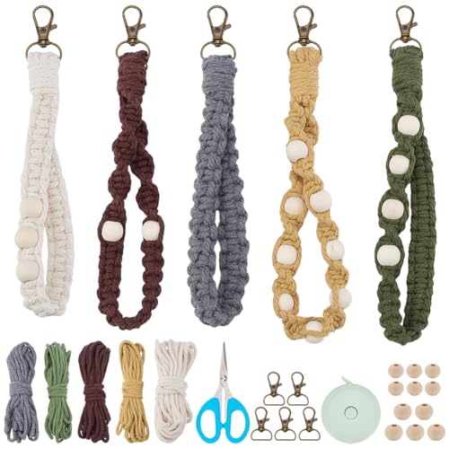 INFUNLY 5 IN 1 DIY Makramee Schlüsselanhänger Set Für Anfänger Boho Armband Schlüsselband Set Mit Holzperlen Armband Schlüsselbund Sets Mit Anleitung Makramee Baumwollkordel Knotenset Für Geldbörse von INFUNLY