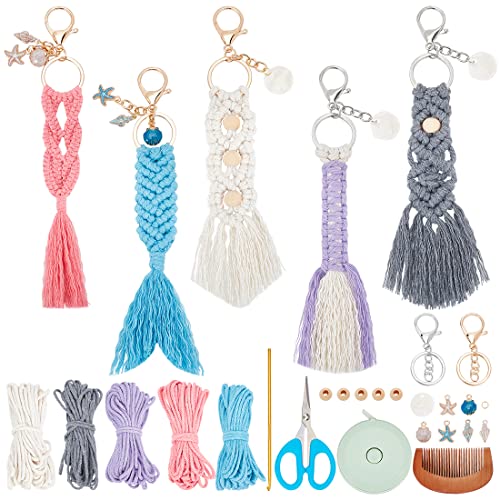INFUNLY 5 Set Makramee-Set Mit Meeresmotiven Für Erwachsene DIY-Makramee-Armband-Schlüsselanhänger-Kits Makramee-Boho-Schlüsselanhänger Mit Anleitung Für Autoschlüssel Brieftaschen-Anhänger von INFUNLY