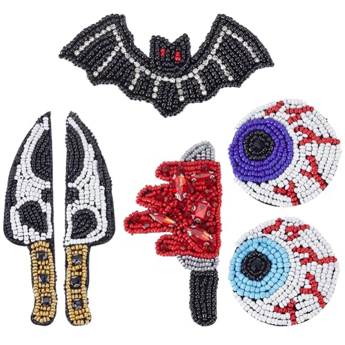 INFUNLY 5 Stück/Set Halloween Perlen Patch Horror Thema Skelett Kristall Patch Gruselige Augapfel Strass Patches zum Aufnähen bestickter Aufnäher für Party Kleidung Taschen Jacke Rucksack Hut Schuhe von INFUNLY